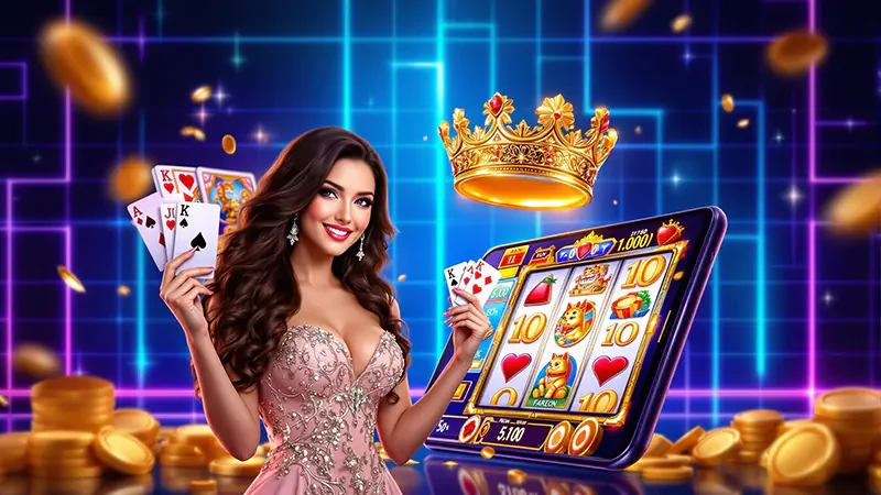 หน้าจอเกมสล็อตสีสันสดใสพร้อมรีลและสัญลักษณ์เกม