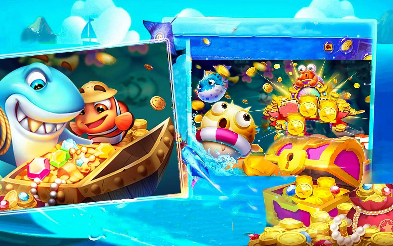 ฉากเกมยิงปลาพร้อมเป้าหมายใต้น้ำและปืนใหญ่